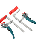 Badass Quick Release Track Saw Clamp Pair Featuring Ratchet Guide Rail Adapter For Mft Tables To Lock Workpieces Dead Tight For Precision Cuts And No Sweat Setup Today, chrome vanadium steel clamps with red pads.