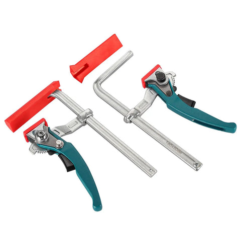Badass Quick Release Track Saw Clamp Pair Featuring Ratchet Guide Rail Adapter For Mft Tables To Lock Workpieces Dead Tight For Precision Cuts And No Sweat Setup Today, chrome vanadium steel clamps with red pads.