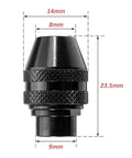 Premium Three Piece Quick Swap Keyless Chuck For Rotary Tools Snaps On Clean Fits Dremel Handles One Thirty Second To One Eighth Inch Bits Daily Grind Ready Gear side view showing black finish and dimensions.