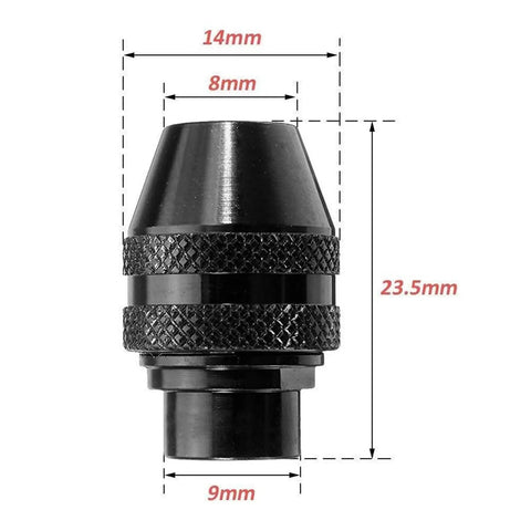 Premium Three Piece Quick Swap Keyless Chuck For Rotary Tools Snaps On Clean Fits Dremel Handles One Thirty Second To One Eighth Inch Bits Daily Grind Ready Gear side view showing black finish and dimensions.