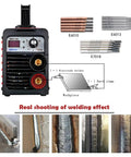 Rugged 110V 220V Stick Welder With 140 Amp Arc Output IGBT Inverter displaying welding rods, diagram, and effects.