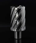 Close-up of OSCARBIDE annular cutter with 3/4 in Weldon shank, 1-9/16 in cutting diameter, 2 in depth of cut