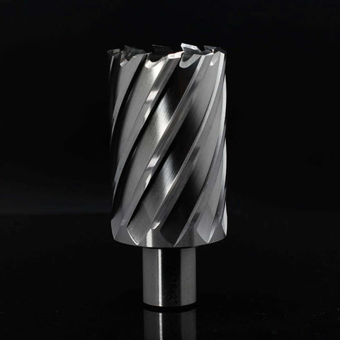 Close-up of OSCARBIDE annular cutter with 3/4 in Weldon shank, 1-9/16 in cutting diameter, 2 in depth of cut