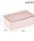 Light pink stackable plastic storage organizer box with hinged lid, 6.79x10.54x3.5 inches, for office bedroom entryway garage and craft room