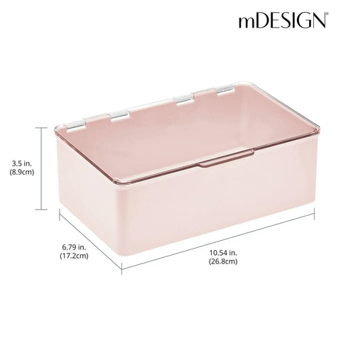Light pink stackable plastic storage organizer box with hinged lid, 6.79x10.54x3.5 inches, for office bedroom entryway garage and craft room