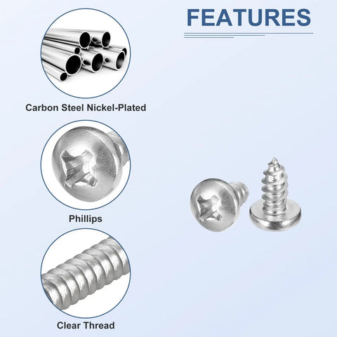 Ultimate Mini Screw Kit With 1000 Carbon Steel Nickel Plated Self Tapping Screws And Elbow Tweezers, close-up of screws features.