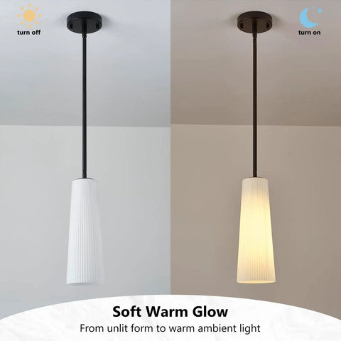 Ziikopoo 2 Pack Modern Matte Black Kitchen Island Pendant Lights with conical ribbed glass shade and adjustable rod.