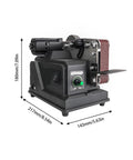 Mini Multifunctional Electric Belt Sander For Jewelry Polishing And Finishing Small Desktop Abrasive Grinder Machine showing dimensions and controls.