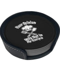 Leather Coasters 6 Piece Set With Holder For Weddings, Bars, Homes, And Offices, Microfiber PU leather with text 'Your Opinion'