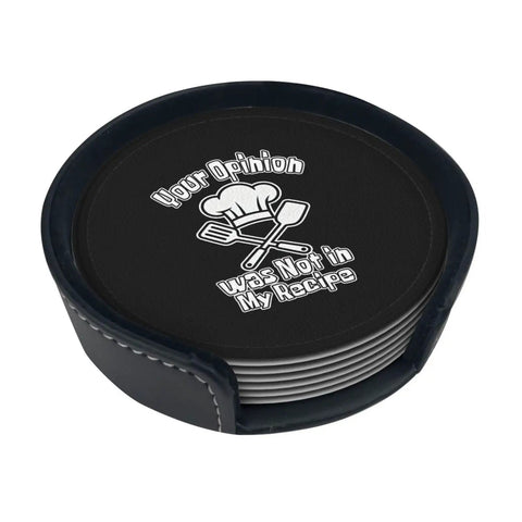 Leather Coasters 6 Piece Set With Holder For Weddings, Bars, Homes, And Offices, Microfiber PU leather with text 'Your Opinion'