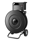 Road Ready Banding Strapping Cart For Pet And Polypropylene Coils Handles Eight Or Sixteen Inch Cores Smooth Rolling Strap Dispenser with black metal drum.