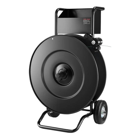 Road Ready Banding Strapping Cart For Pet And Polypropylene Coils Handles Eight Or Sixteen Inch Cores Smooth Rolling Strap Dispenser with black metal drum.