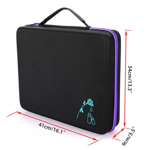 120 Bottle EVA Essential Oil Storage Case with Foam Insert Hard Shell Travel Organizer Bag for 5ml 10ml 15ml Bottles, black and purple exterior with measurements.