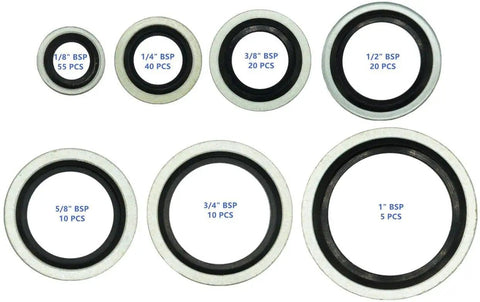 Oil Washer And Gasket Kit 160Pcs With Seven Sizes Dowty Self Centered Bonded Seal Washers arranged by size in a grid