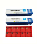 Front view of two blue lathe turning tool holders (3/8 in and 1/2 in) with RCMT0602 carbide inserts in a red storage tray.