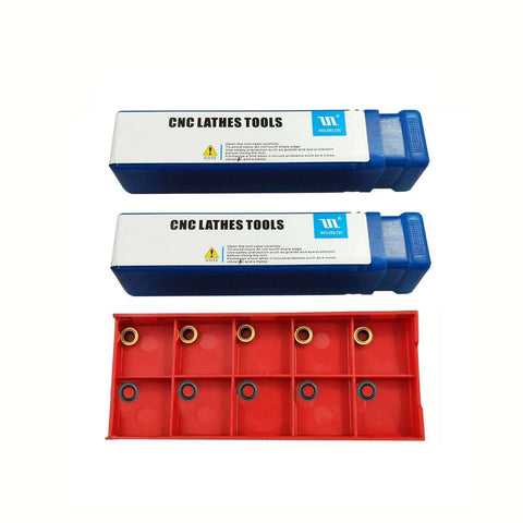 Front view of two blue lathe turning tool holders (3/8 in and 1/2 in) with RCMT0602 carbide inserts in a red storage tray.