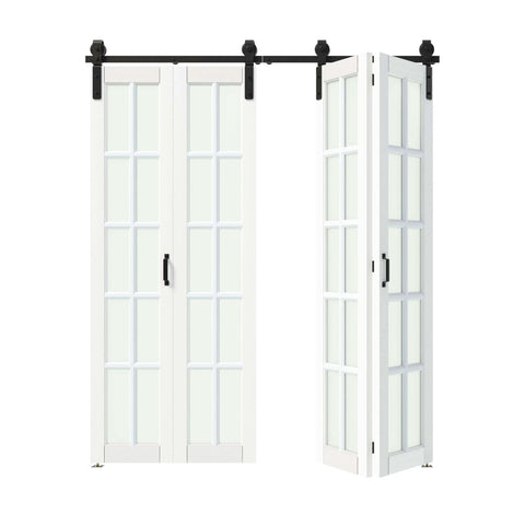 Bi-Fold Sliding Barn Door Kit With 10 Lite Frosted Glass Panels, 60 Inch Wide By 84 Inch Tall, Double Slab Closet Door In White Finish, Includes 2 Tracks For Four Doors And Full Sliding Hardware Set For Easy Install