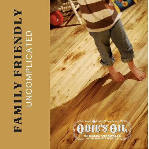 Child walking barefoot on wooden floor coated with Real Deal Universal Surface Finish For Wood Leather Plastic Vinyl And Metal That Is Straight Up Waterproof And Food Safe While Acting As A Hella Solid Solvent Free Non Toxic Protection Layer Inside A Handy Four Ounce Jar For Instant Glow Ups.