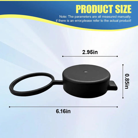 Capless Gas Cap With Tethered Design 2.375 Inch ID Dustproof Waterproof Fuel Tank Cover Replacement For Cars SUVs And Trucks Made From Durable Silicone No Fuss Install For Easy Fit Leak Proof Refueling And Long Lasting Protection shown with dimensions 2.95 x 0.85 x 6.16 inches.