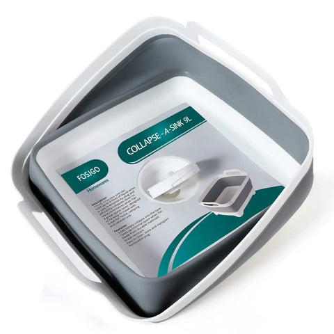 Collapsible Dish Basin With Drain Plug 2.4 Gal Foldable Sink For Kitchen RV Camping And Dorm, gray color, packaged view