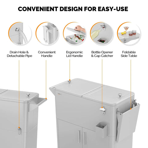 80 Quart Rolling Ice Chest On Wheels For Outdoor Parties with ergonomic lid, bottle opener, and foldable side table features