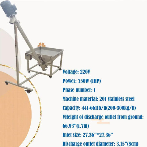 Workhorse Inclined Helical Portable Granules Feeder With Stainless Steel Screw Conveyor 441 To 661 Lb Per Hour And 200 To 300 Kg Per Hour Capacity 220V 750W Easy To Move And Operate shown with specifications.