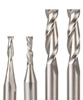 Rock Solid Solid Carbide CNC Router Bits Set Featuring Eight Precision Milling Cutters for wood carving and engraving, showing various sized bits.
