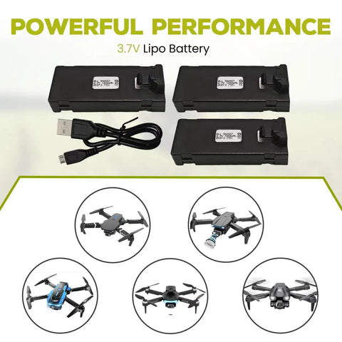 3 Pack 3 Point 7 Volt 1000mAh LiPo Battery With USB Charging Cable For E88 E88MAX E99 E99MAX BD101 P15PRO RC Drones