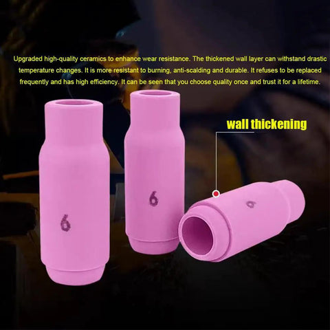 Pink ceramic TIG torch nozzles from Heavy Duty 10 Pack TIG Torch Kit Nozzles Including Ceramic Cups For Aluminum Jobs High Heat Resistance Up To 3k Degrees F Welding Gear.