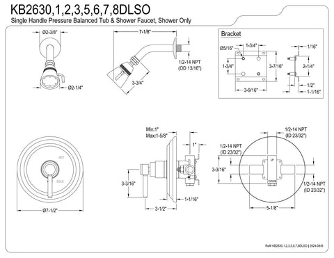 Technical diagram of Concord Shower Faucet With Pressure Balanced Washerless Cartridge Wall Mount One Half Inch NPT Solid Brass Construction