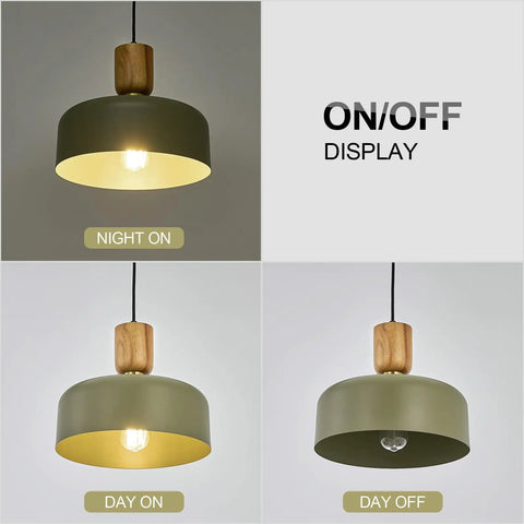 Dope Green Contemporary Pendant Light with Wood and Brass Accents Adjustable Hanging Lamp On/Off Display in 12 Inch Shade