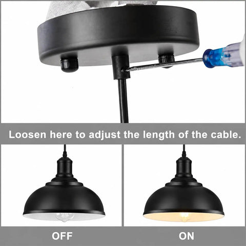 Close-up of Top Shelf Vintage Industrial Pendant Light Black Metal Farmhouse Ceiling Fixture with adjustable cable length.