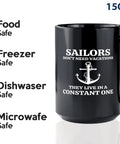 15oz Black Sailor Coffee Mug For Boaters And Boat Captains, Funny Lake Gift That Says Sailors Dont Need Sleep, Durable Glass Cup