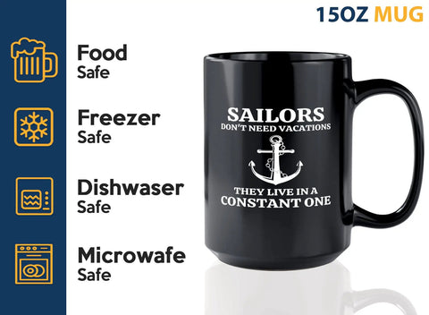 15oz Black Sailor Coffee Mug For Boaters And Boat Captains, Funny Lake Gift That Says Sailors Dont Need Sleep, Durable Glass Cup