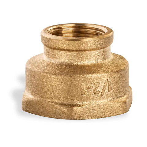 Front view of brass reducing pipe coupling, 1/2 in to 1 in female NPT threaded adapter.