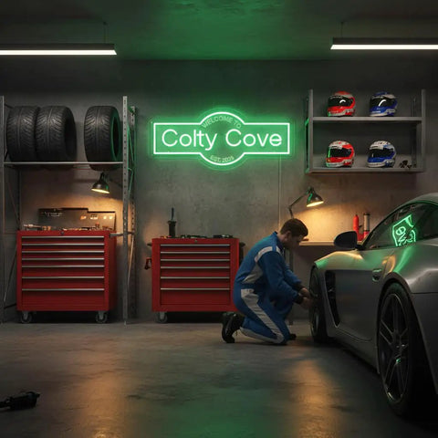 Custom Garage Neon Sign With Handmade Personalization Dimmable LED Wall Light For Home Workshop Carport Or Man Cave Perfect Gift For Dad Birthday Christmas 3D Art Look And Eye Catching Glow above a car in a garage setting.