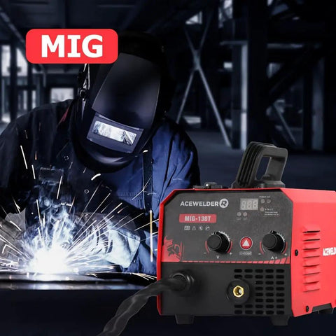 Acewelders Super Cool 130A Gasless Flux Core Mig Welder in use, showcasing digital display and controls, ideal for welding.