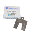 Box and single piece of Stainless Steel Slotted Shim Replacement Kit 2 By 2 Inch Pack Of 20 Shims With Thicknesses From 0.001 To 0.125 Inches For Precise Adjustments Pro Grade Heavy Duty Rust Resistant 304 Grade Steel.