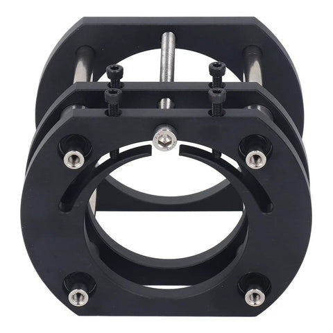 Rock Solid Ready to Roll Router Lift Setup With Four Jaw Aluminum Milling Table featuring a black aluminum router lift with adjustable clamps.