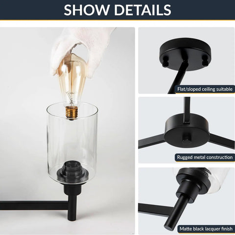 Close-up of 6-light Industrial Glass Cylinder Pendant Chandelier in Black, showing metal construction and glass cylinder shade.