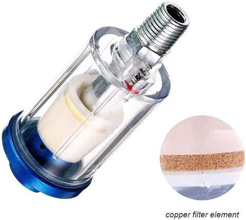 Water Oil Separator Filter For Spray Guns And Air Compressor Tools, One Quarter NPT Inlet And Outlet, transparent design with copper filter