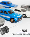 8 Piece 1 64th Scale Wheels And Tires Set With Real Riders Rims And Axles For RC Diecast Cars And DIY Models Silver Kit displayed