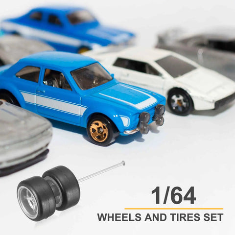 8 Piece 1 64th Scale Wheels And Tires Set With Real Riders Rims And Axles For RC Diecast Cars And DIY Models Silver Kit displayed