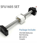 Heavy Duty 1500mm C5 Ball Screw SFU1605 Kit With Preloaded Anti Backlash Nut And Rock Solid End Supports For Smooth CNC Router And 3D Printer Builds Built Tough With Zero Wobble Chromium Steel Parts, featuring SFU1605 ballscrew with nut housing and coupler.