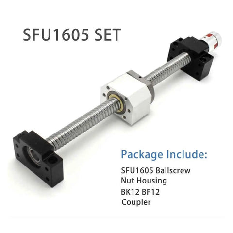 Heavy Duty 1500mm C5 Ball Screw SFU1605 Kit With Preloaded Anti Backlash Nut And Rock Solid End Supports For Smooth CNC Router And 3D Printer Builds Built Tough With Zero Wobble Chromium Steel Parts, featuring SFU1605 ballscrew with nut housing and coupler.