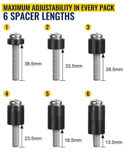 Adjustable M8 TV Mount Screws With Washers And Spacers For 41 To 85 Inch VESA TVs, showing 6 spacer lengths from 13.5mm to 38.5mm.