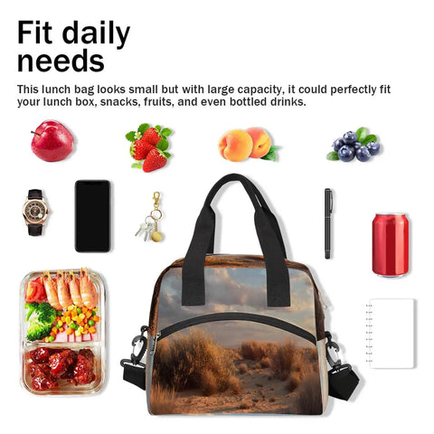Desert Landscape Insulated Lunch Bag For Women And Men, Leakproof Thermal Cooler Tote with fruits and lunch items displayed.