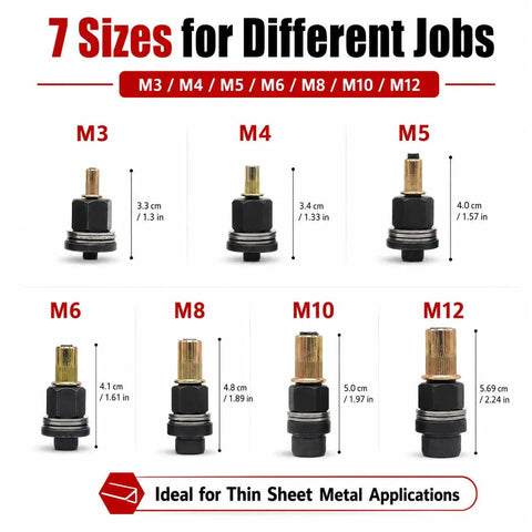 The Ultimate M3 To M12 Head Rivet Nut Tool Kit For Quick installs Made From Heavy Grit Carbon That Holds Tight Like A Boss And Lets You Swap Out Old Bolts On Thin Metal Sheets With Ease. M3 to M12 rivet nut sizes for thin sheet metal
