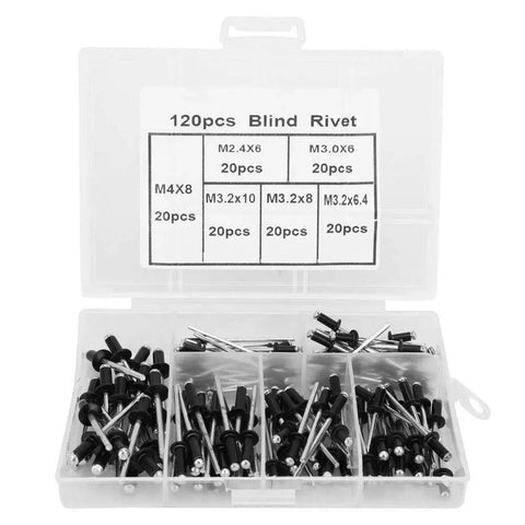 Open box of Aluminum Blind Rivet Kit Assorted Sizes 120 Pieces in M2.4x6 and M4x8, standard head, smooth finish