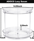 Two Tier Lazy Susan Turntable Organizer For Bathroom And Vanity, Clear 9.25 Inch Rotating Makeup Organizer For Skincare Perfume And Spice Storage, Smooth 360 Degree Spin, Non Slip, Sturdy Cabinet Organizer image showing size dimensions